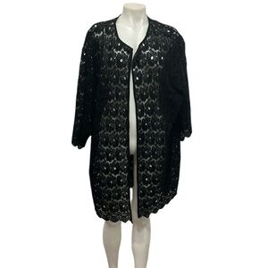 Emaline women black cotton open front 3/4 sleeve flower cardigan 2X